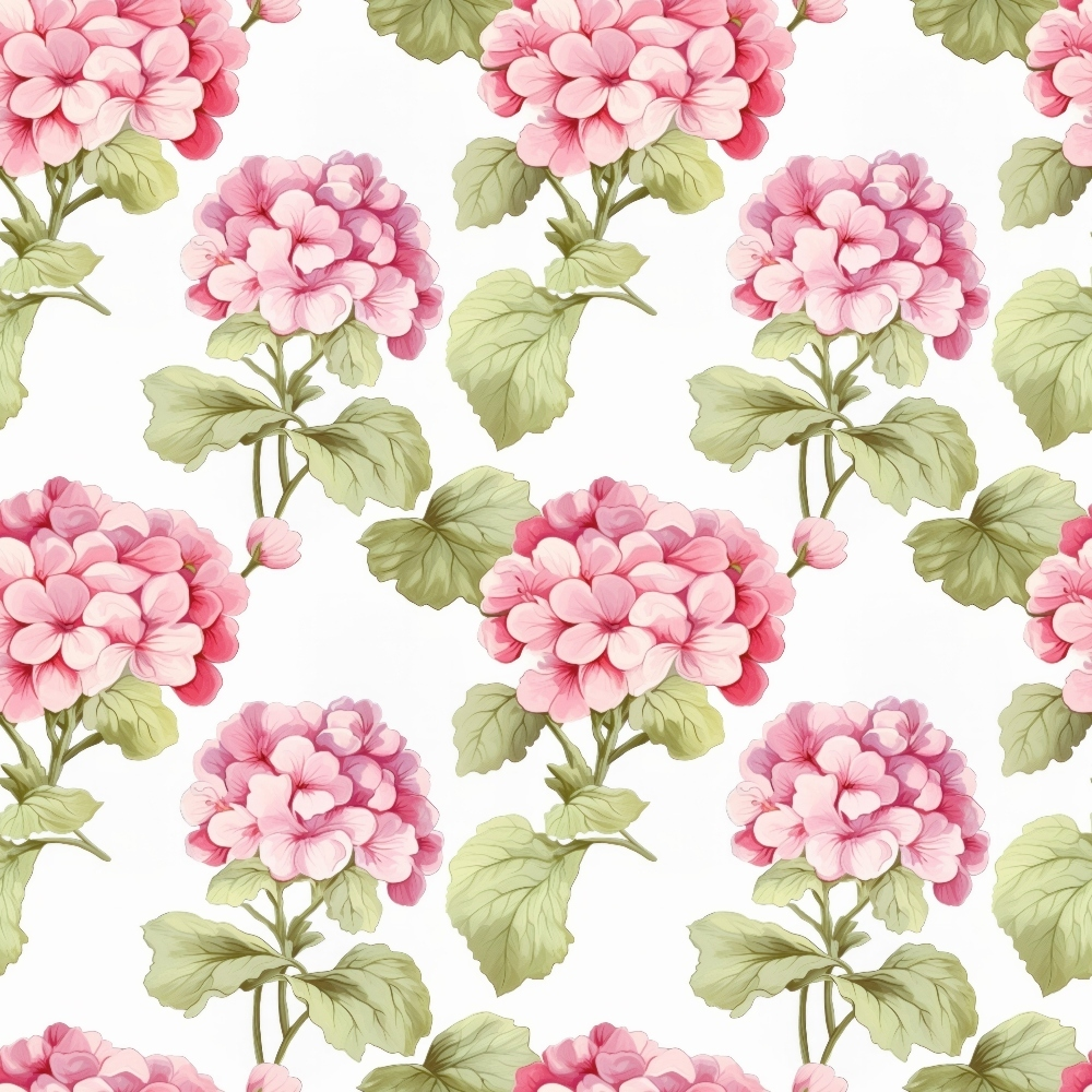 pink flowers, green leaves, floral pattern, geraniums, botanical design, cottage style, soft pink, sage green, white background, repeating motif,, fabric panel, vintage inspired, garden flowers, delicate petals, stemmed blooms, romantic florals, pastel tones, nature motifs