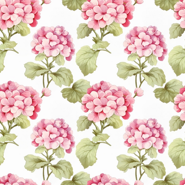 pink flowers, green leaves, floral pattern, geraniums, botanical design, cottage style, soft pink, sage green, white background, repeating motif,, fabric panel, vintage inspired, garden flowers, delicate petals, stemmed blooms, romantic florals, pastel tones, nature motifs