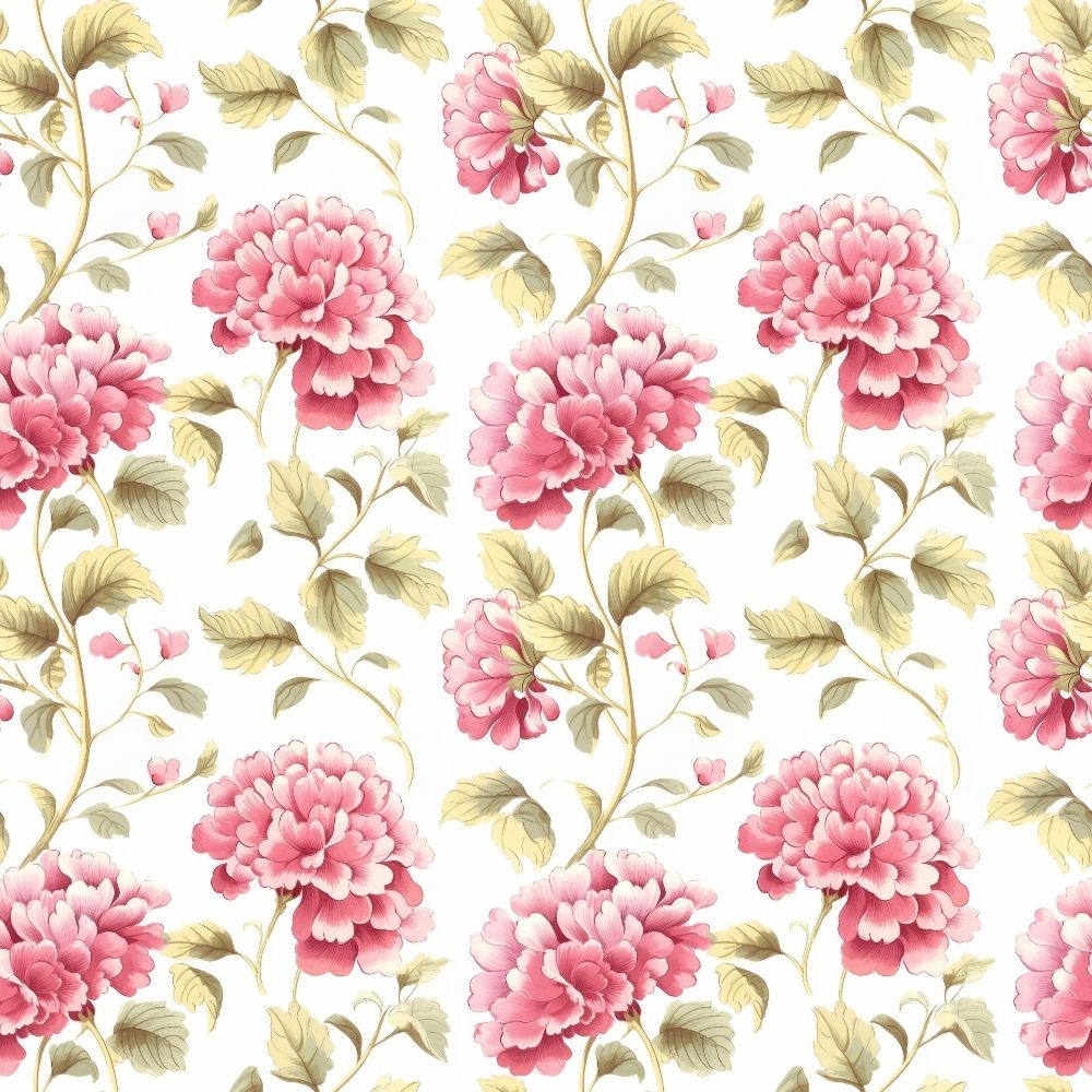 pink flowers, coral blooms, sage green leaves, cream background, floral pattern, botanical design, peonies, roses, cottage garden, vintage style, repeating motif,, fabric panel, romantic florals, soft pastels, layered petals, climbing vines, delicate stems, feminine aesthetic, spring garden