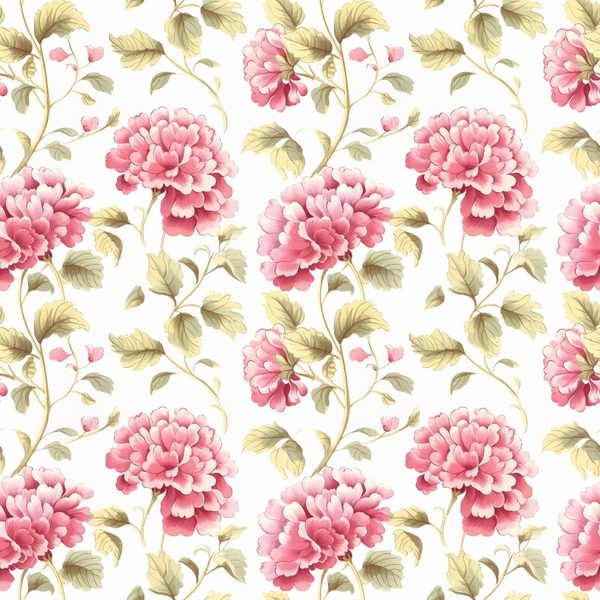 pink flowers, coral blooms, sage green leaves, cream background, floral pattern, botanical design, peonies, roses, cottage garden, vintage style, repeating motif,, fabric panel, romantic florals, soft pastels, layered petals, climbing vines, delicate stems, feminine aesthetic, spring garden