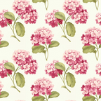 pink hydrangeas, floral pattern, cottage garden,, fabric panel, botanical design, green leaves, soft pink, dusty rose, cream background, repeating motif, vintage style, garden flowers, delicate blooms, romantic florals, pastel colors, nature inspired, spring flowers, watercolor effect, feminine design