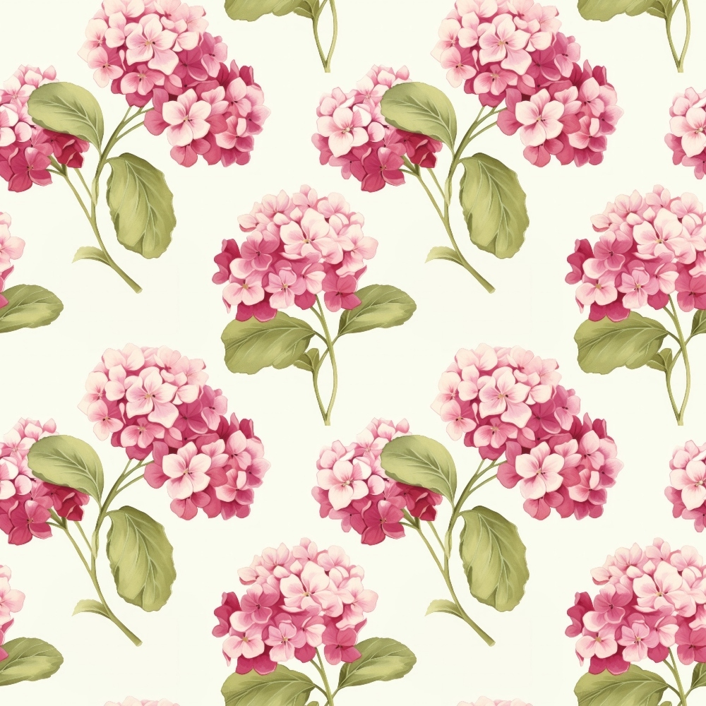 pink hydrangeas, floral pattern, cottage garden,, fabric panel, botanical design, green leaves, soft pink, dusty rose, cream background, repeating motif, vintage style, garden flowers, delicate blooms, romantic florals, pastel colors, nature inspired, spring flowers, watercolor effect, feminine design