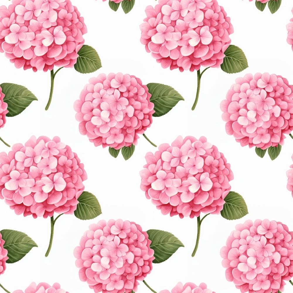 pink hydrangeas, floral pattern, cottage garden,, fabric panel, botanical design, green leaves, repeating motif, soft pink, blush tones, garden flowers, spring blooms, feminine florals, watercolor style, romantic mood, clustered blooms, nature inspired, delicate petals, pastel palette, quilting material