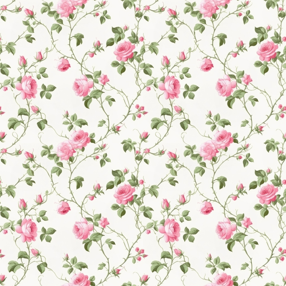 pink roses, cottage garden, floral pattern, climbing roses, green leaves, rose buds, vine pattern, soft pink, sage green, cream background, botanical design, romantic florals,, fabric panel, delicate flowers, garden theme, pastel colors, repeating pattern, vintage style, rose climbing