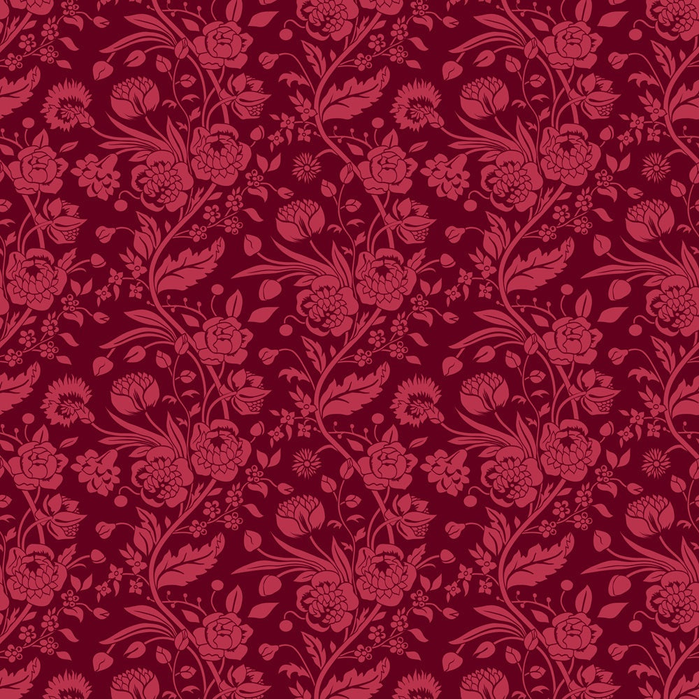 burgundy, crimson, deep red, pink, floral pattern, botanical motif, roses, peonies, leafy vines, ornate flowers, damask style, tonal design, monochromatic,, fabric panel, romantic mood, elegant pattern, flowing stems, detailed petals, seamless repeat