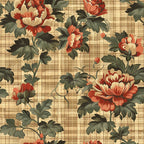 floral pattern, peonies, botanical design, coral flowers, cream petals, sage green leaves, plaid background, tan backdrop, vintage style,, fabric panel, scrollwork vines, layered blooms, muted tones, romantic florals, textile design, sewing material, crafting fabric