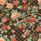 floral scrollwork,, fabric panel, red flowers, pink roses, green leaves, brown branches, checkered background, botanical design, vintage style, flowing vines, coral blooms, sage green, burgundy red, cream petals, ornate pattern, decorative scrolls, garden motifs, intricate details, romantic florals