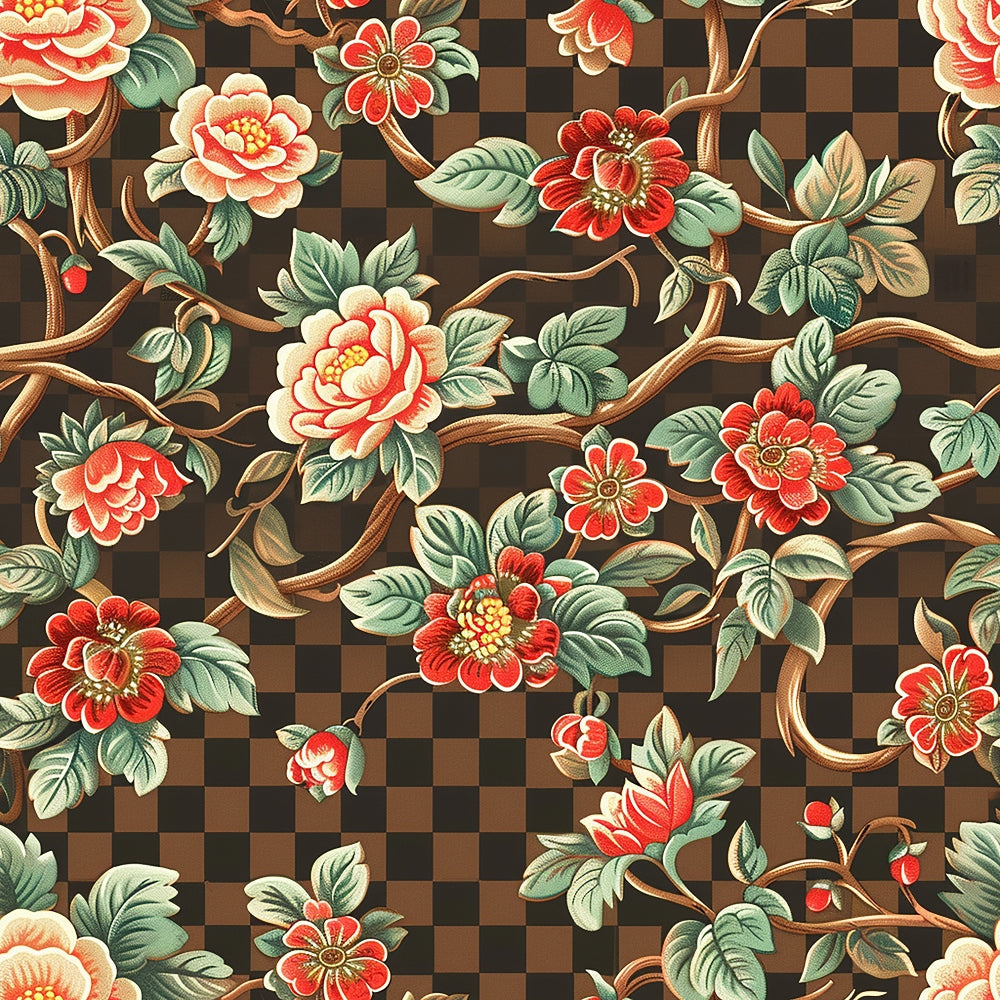 floral scrollwork,, fabric panel, red flowers, pink roses, green leaves, brown branches, checkered background, botanical design, vintage style, flowing vines, coral blooms, sage green, burgundy red, cream petals, ornate pattern, decorative scrolls, garden motifs, intricate details, romantic florals
