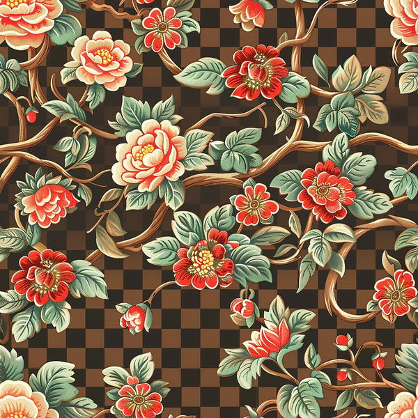 floral scrollwork,, fabric panel, red flowers, pink roses, green leaves, brown branches, checkered background, botanical design, vintage style, flowing vines, coral blooms, sage green, burgundy red, cream petals, ornate pattern, decorative scrolls, garden motifs, intricate details, romantic florals