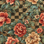 coral flowers, peach blooms, sage green leaves, checkered background, botanical scrollwork, floral vines,, fabric panel, flowing foliage, ornate pattern, dimensional flowers, layered petals, twisting stems, earthy tones, vintage style, decorative florals, patchwork squares, repeating motif, garden theme