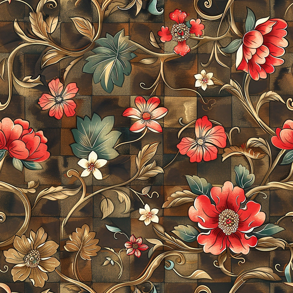 red flowers, coral blooms, golden scrollwork, brown background, teal leaves, ornate vines, floral pattern, decorative swirls,, fabric panel, botanical design, vintage style, elegant florals, curving stems, dimensional shading, romantic motif, warm earth tones, detailed petals