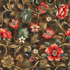 red flowers, coral blooms, golden scrollwork, brown background, teal leaves, ornate vines, floral pattern, decorative swirls,, fabric panel, botanical design, vintage style, elegant florals, curving stems, dimensional shading, romantic motif, warm earth tones, detailed petals