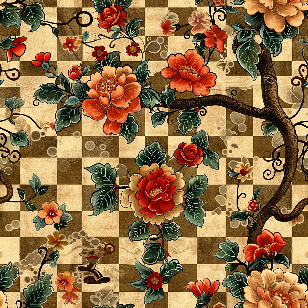 floral scrollwork,, fabric panel, checkered background, orange flowers, red roses, green leaves, brown branches, cream checkerboard, botanical design, peonies, vine pattern, decorative scrolls, warm earth tones, ornate florals, layered pattern, nature motifs, flowering branches, intricate details, autumn colors