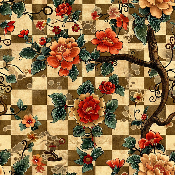 floral scrollwork,, fabric panel, checkered background, orange flowers, red roses, green leaves, brown branches, cream checkerboard, botanical design, peonies, vine pattern, decorative scrolls, warm earth tones, ornate florals, layered pattern, nature motifs, flowering branches, intricate details, autumn colors