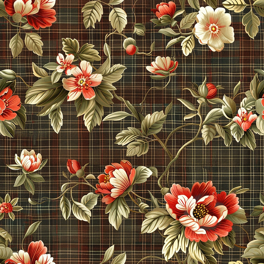 burgundy, coral, cream, olive green, brown, plaid background, floral pattern, roses, peonies, botanical leaves, vintage style, scrolling vines,, fabric panel, romantic florals, earth tones, detailed petals, flowing design, garden flowers, textile art