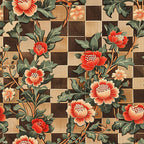 coral flowers, orange blooms, sage green leaves, brown checkerboard, beige squares, floral scrollwork, botanical pattern, peony flowers, flowing vines,, fabric panel, vintage style, ornate florals, decorative motifs, earthy tones, warm colors, repeating pattern, textile design, crafting fabric, patchwork background