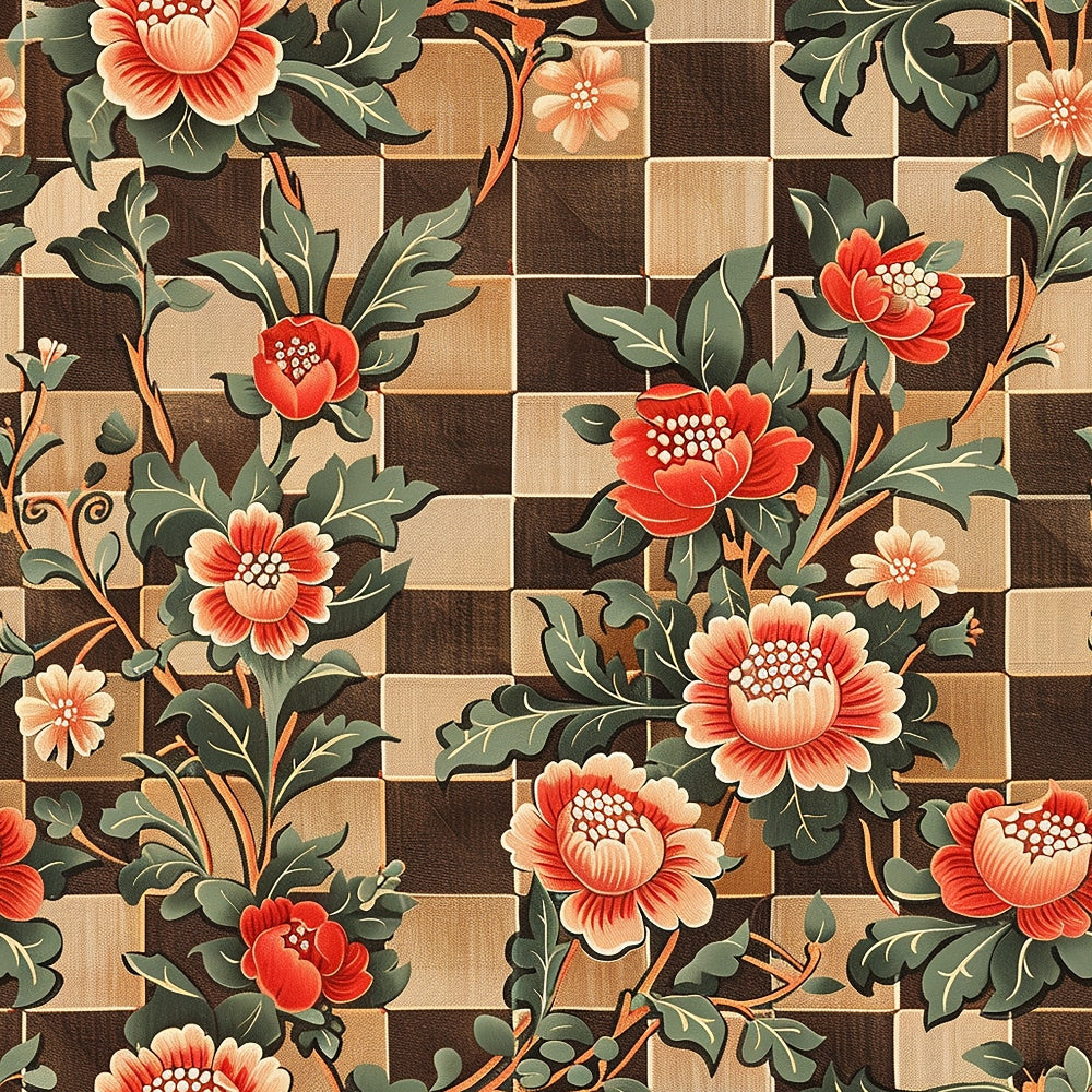 coral flowers, orange blooms, sage green leaves, brown checkerboard, beige squares, floral scrollwork, botanical pattern, peony flowers, flowing vines,, fabric panel, vintage style, ornate florals, decorative motifs, earthy tones, warm colors, repeating pattern, textile design, crafting fabric, patchwork background