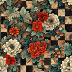 burgundy, sage green, cream, beige, floral motifs, peonies, chrysanthemums, botanical design, leaves, foliage, checkered background, wood grain texture,, fabric panel, vintage style, ornate flowers, layered petals, nature inspired, earthy tones, decorative pattern