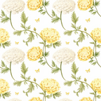 floral pattern, yellow flowers, cream blooms, white flowers, green foliage, botanical design, cottage garden, peonies, chrysanthemums, yellow butterflies,, fabric panel, soft pastels, romantic style, nature motif, repeating pattern, delicate stems, layered petals, garden flowers, vintage inspired