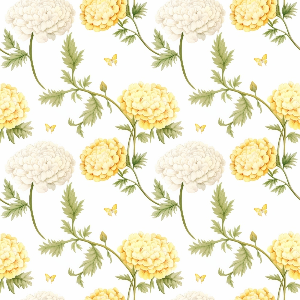 floral pattern, yellow flowers, cream blooms, white flowers, green foliage, botanical design, cottage garden, peonies, chrysanthemums, yellow butterflies,, fabric panel, soft pastels, romantic style, nature motif, repeating pattern, delicate stems, layered petals, garden flowers, vintage inspired