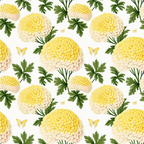 yellow flowers, cream petals, green leaves, botanical pattern, chrysanthemums, dahlias, butterflies, floral motif,, fabric panel, cottage garden, repeating design, nature inspired, spring theme, soft yellow, pale cream, forest green, delicate butterflies, blooming flowers, garden theme