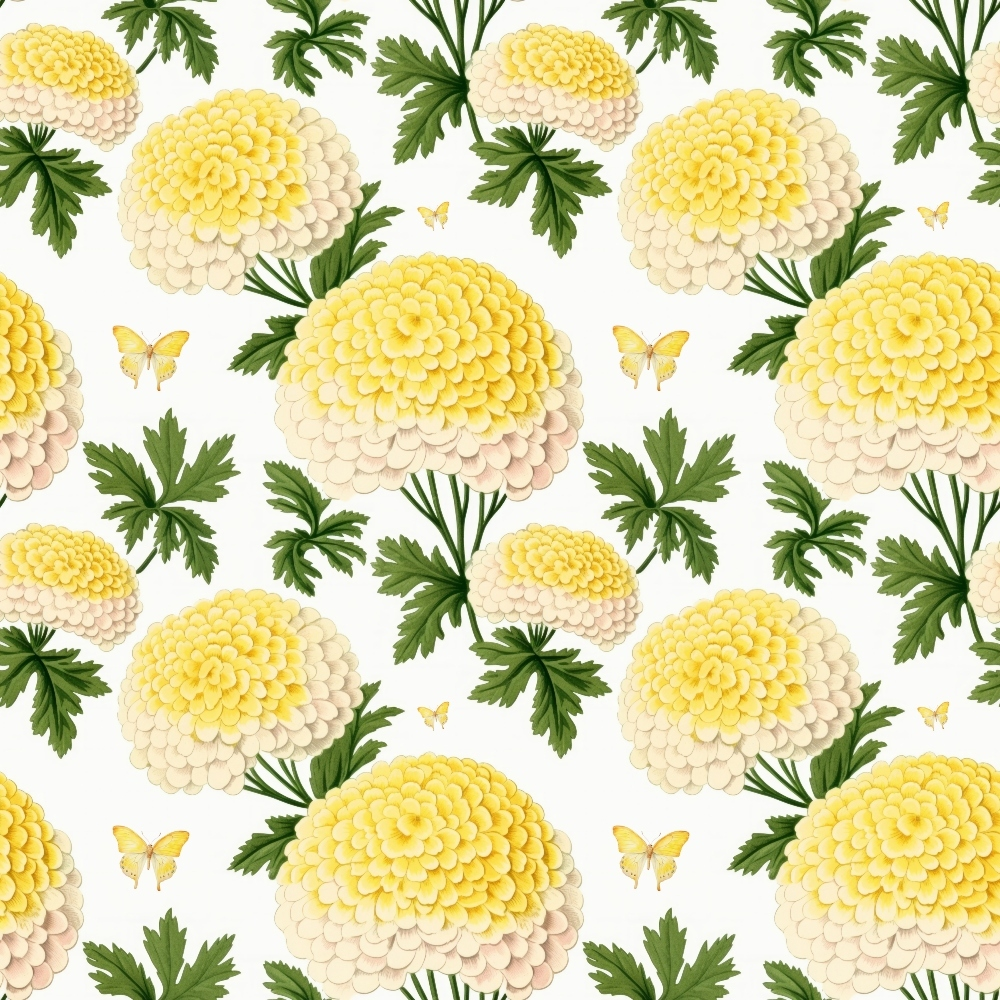 yellow flowers, cream petals, green leaves, botanical pattern, chrysanthemums, dahlias, butterflies, floral motif,, fabric panel, cottage garden, repeating design, nature inspired, spring theme, soft yellow, pale cream, forest green, delicate butterflies, blooming flowers, garden theme