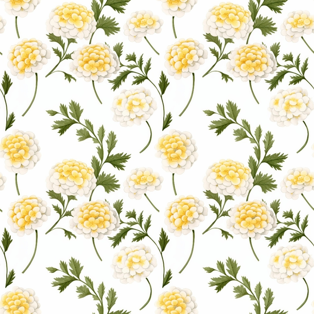 floral pattern, yellow flowers, white blooms, green leaves, cottage garden,, fabric panel, botanical design, daisy motifs, repeating pattern, spring florals, delicate stems, soft pastels, garden flowers, nature inspired, cheerful blooms, vintage style, seamless design