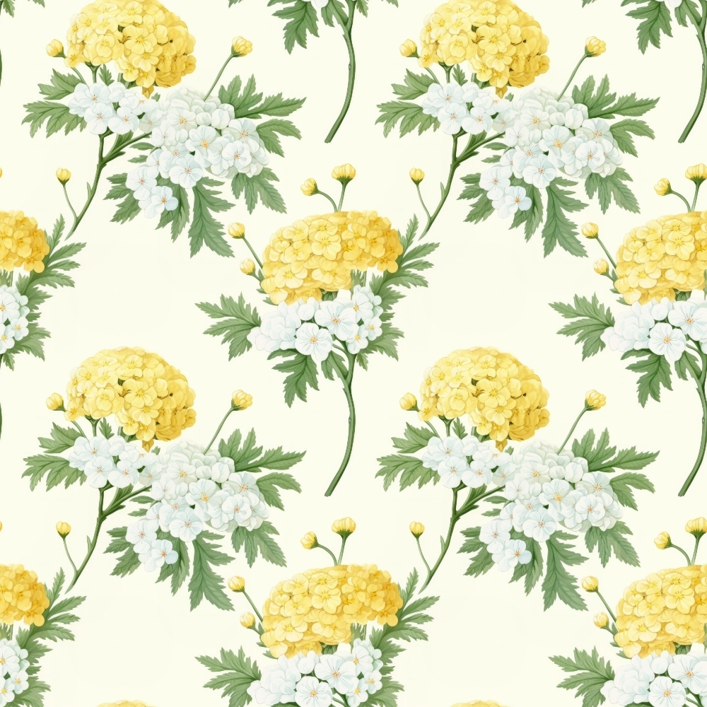 yellow flowers, white flowers, chrysanthemums, floral pattern, green leaves, cream background, botanical design, repeating pattern,, fabric panel, cottage garden, spring flowers, delicate florals, seamless repeat, soft pastels, garden blooms, vintage style, natural motifs