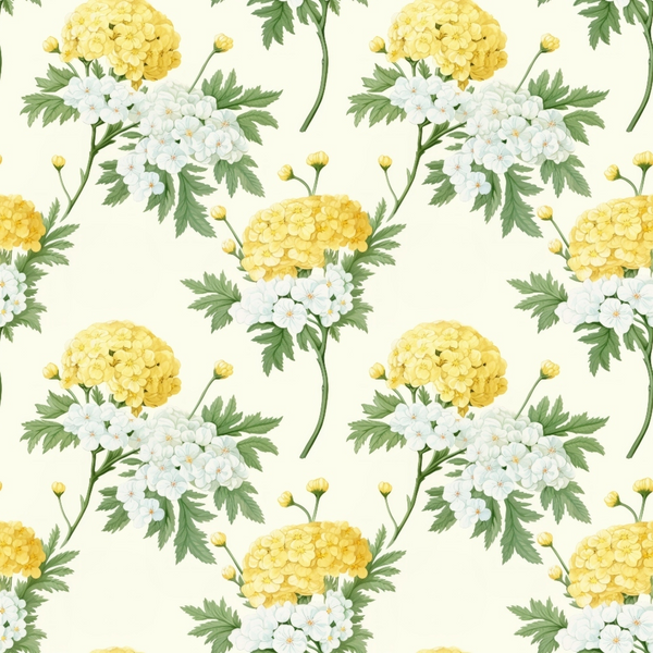 yellow flowers, white flowers, chrysanthemums, floral pattern, green leaves, cream background, botanical design, repeating pattern,, fabric panel, cottage garden, spring flowers, delicate florals, seamless repeat, soft pastels, garden blooms, vintage style, natural motifs