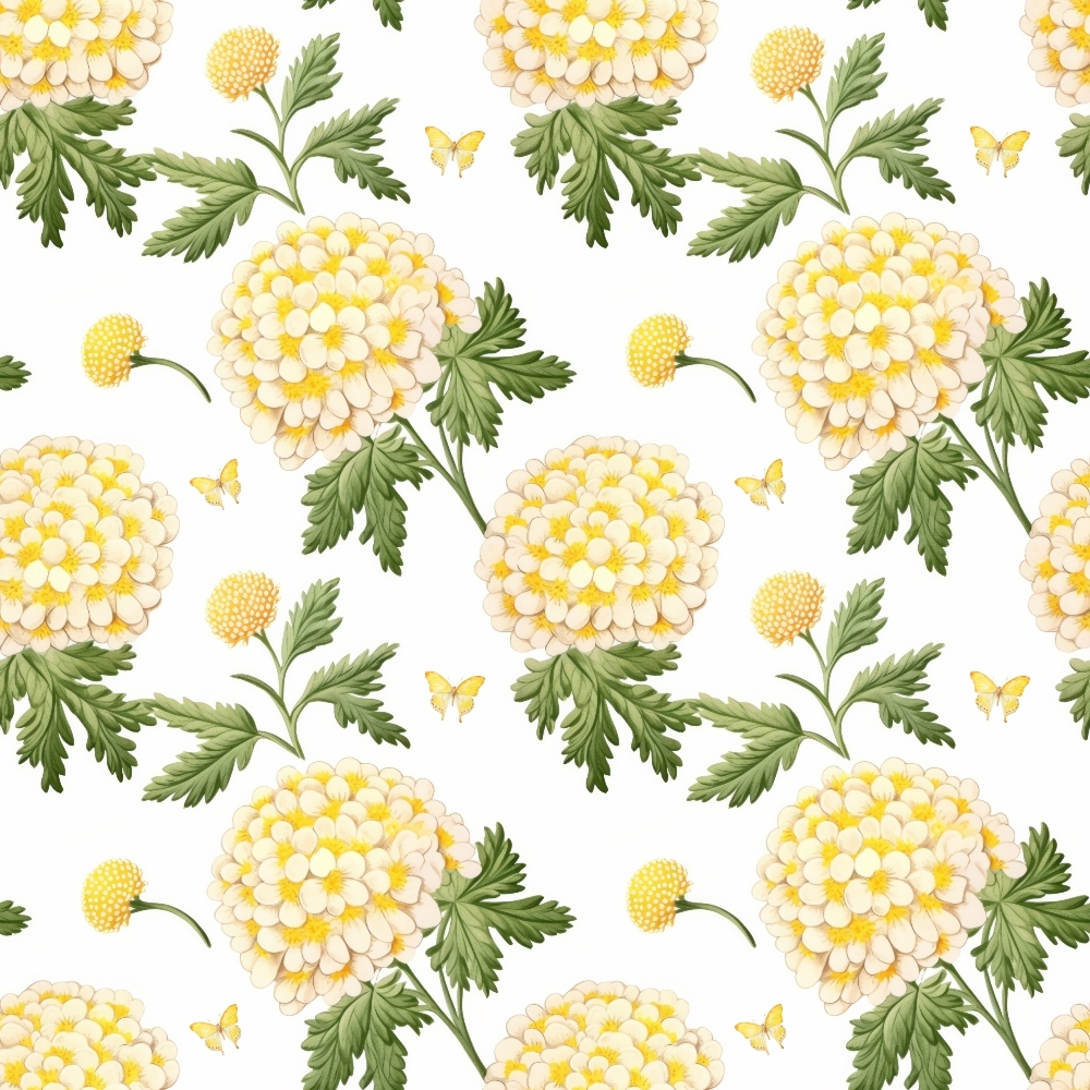 yellow, cream, white, green, floral pattern, cottage garden, dahlias, chrysanthemums, butterflies, botanical design, repeating pattern,, fabric panel, vintage style, romantic florals, garden flowers, nature motif, soft pastels, delicate blooms, leafy stems