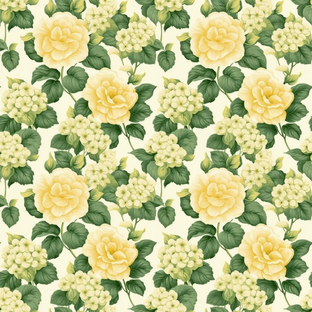 floral pattern, yellow roses, cream background, green leaves, cottage garden, botanical design, repeating motif,, fabric panel, vintage style, soft pastels, romantic florals, rose blooms, garden flowers, textile design, sewing material, crafting fabric, delicate petals, natural elements