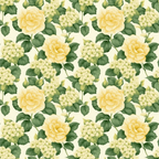 floral pattern, yellow roses, cream background, green leaves, cottage garden, botanical design, repeating motif,, fabric panel, vintage style, soft pastels, romantic florals, rose blooms, garden flowers, textile design, sewing material, crafting fabric, delicate petals, natural elements