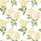 cream, pale yellow, soft green, floral pattern, cottage flowers, botanical design, repeating motif, delicate blooms, vintage style,, fabric panel, garden flowers, pastoral theme, romantic florals, spring flowers, soft petals, leafy stems, feminine pattern, crafting fabric, sewing material