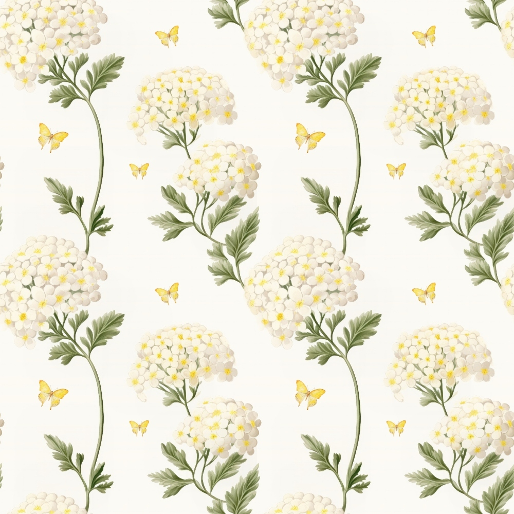 cream background, pale yellow, soft green, white flowers, yellow butterflies, hydrangea blooms, botanical pattern, cottage garden, floral motif,, fabric panel, delicate leaves, spring flowers, nature design, pastel colors, romantic style, garden theme, repeating pattern, soft palette, vintage inspired