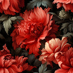 coral flowers, red blooms, peach petals, sage green leaves, olive foliage, black background, floral damask, ornate pattern, chrysanthemum design, botanical motif,, fabric panel, dramatic contrast, rich colors, layered petals, vintage style, moody florals, decorative design
