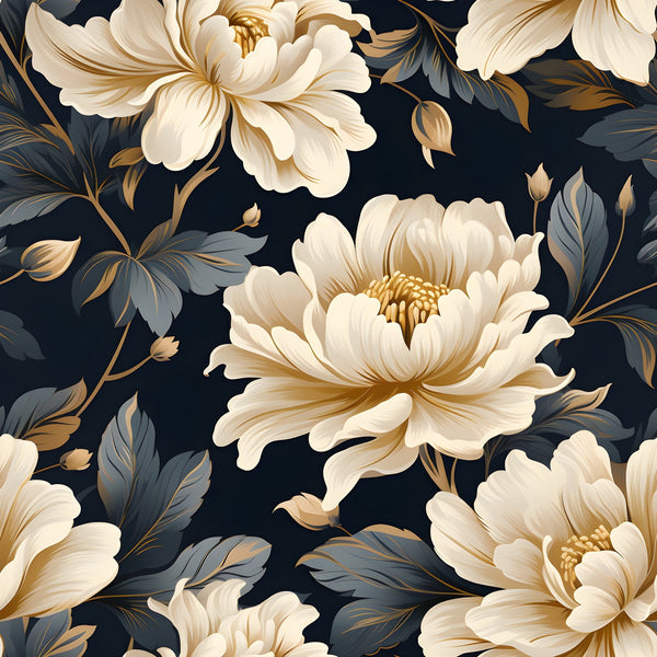 cream flowers, ivory blooms, charcoal background, navy base, gold accents, bronze highlights, gray leaves, floral pattern, damask design, peonies, large blooms, botanical motif, elegant florals,, fabric panel, luxurious feel, sophisticated design, nature inspired, layered petals, ornate flowers