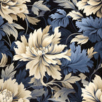 cream flowers, navy blue, dusty blue, black background, large blooms, floral damask, ornate petals, layered leaves, flowing vines, elegant pattern,, fabric panel, sophisticated design, monochromatic palette, decorative florals, vintage style, luxurious motifs, seamless repeat, botanical elements