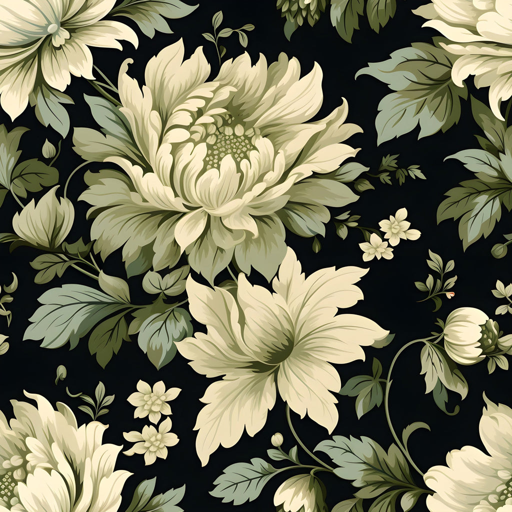 cream, sage green, black background, floral damask, large blooms, ornate flowers, elegant pattern,, fabric panel, vintage style, botanical motif, decorative flourishes, ivory petals, muted tones, sophisticated design, repeating pattern, layered petals, leafy accents, formal floral, luxurious texture