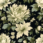 cream, sage green, black background, floral damask, large blooms, ornate flowers, elegant pattern,, fabric panel, vintage style, botanical motif, decorative flourishes, ivory petals, muted tones, sophisticated design, repeating pattern, layered petals, leafy accents, formal floral, luxurious texture