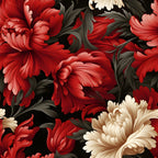 red flowers, cream flowers, burgundy, coral, beige, damask pattern, floral motif, ornate blooms, decorative leaves, black background,, fabric panel, elegant design, botanical print, layered petals, flowing foliage, rich colors, ornamental flowers, textile art, sophisticated pattern