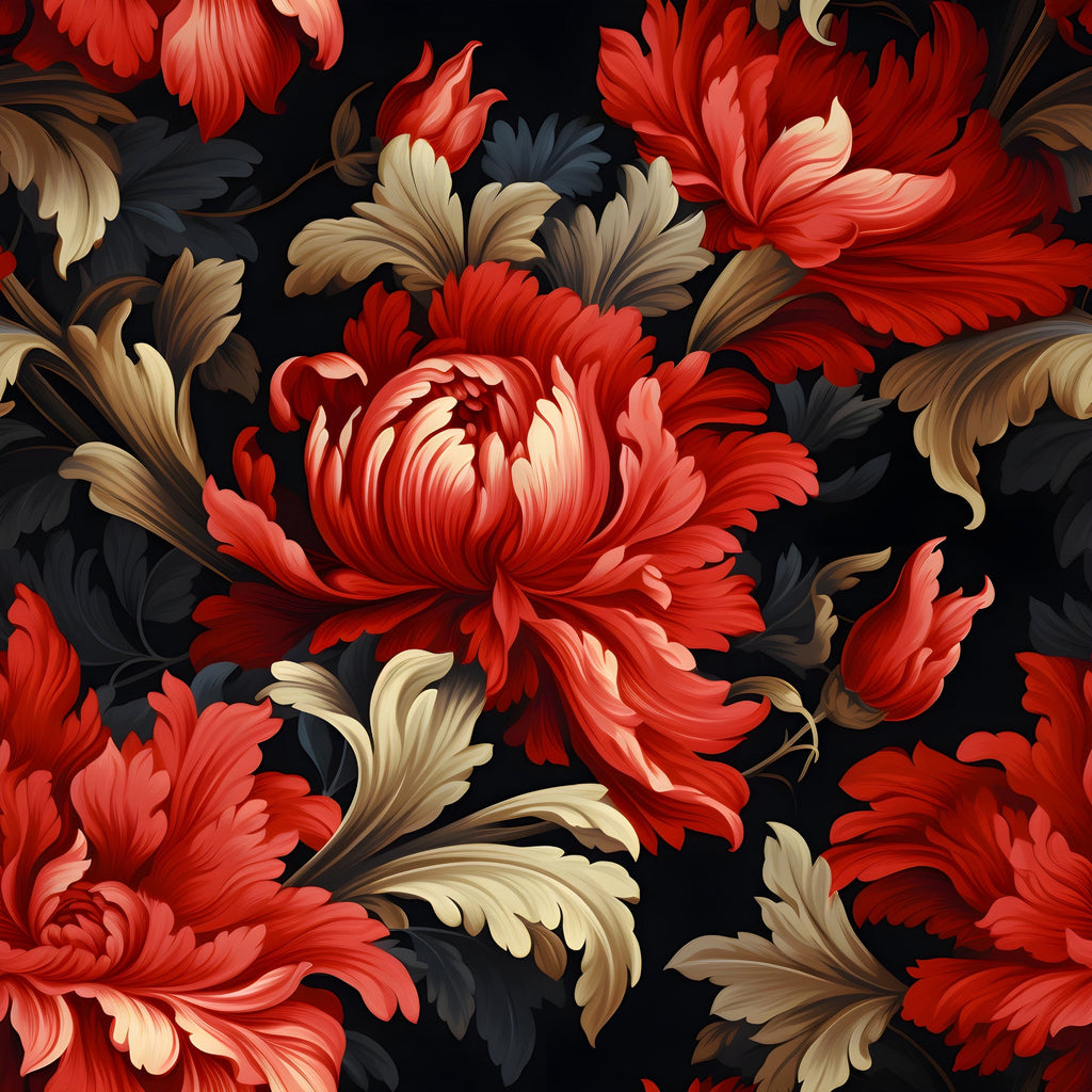 red flowers, coral blooms, golden leaves, charcoal background, damask pattern, floral motif, baroque style, ornate design,, fabric panel, layered petals, decorative foliage, rich colors, elegant florals, vintage inspired, dramatic contrast, textile art, crafting material, sewing fabric, botanical design