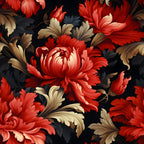 red flowers, coral blooms, golden leaves, charcoal background, damask pattern, floral motif, baroque style, ornate design,, fabric panel, layered petals, decorative foliage, rich colors, elegant florals, vintage inspired, dramatic contrast, textile art, crafting material, sewing fabric, botanical design