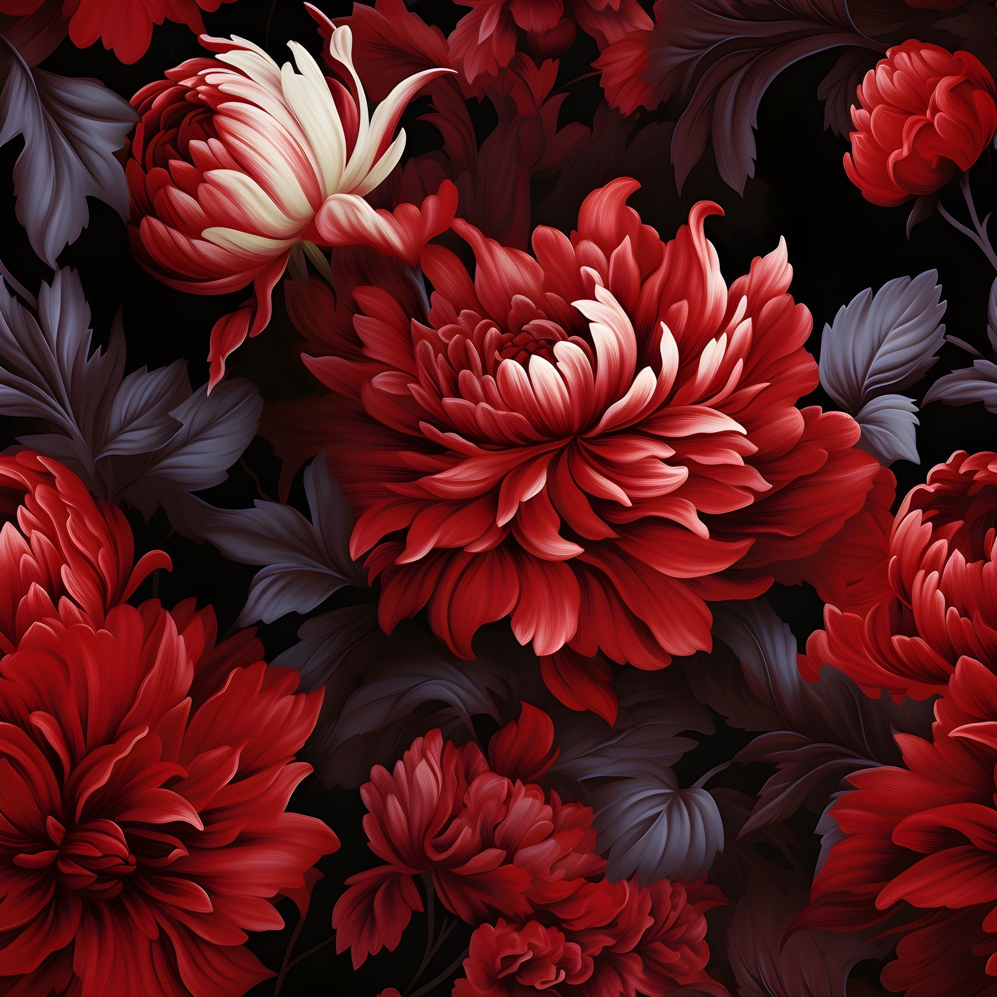 crimson red, burgundy, purple leaves, black background, chrysanthemum flowers, floral pattern, damask design,, fabric panel, botanical motif, deep red blooms, layered petals, ornate florals, rich colors, dramatic contrast, decorative foliage, elegant flowers, luxurious pattern, moody aesthetic