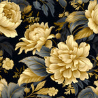 golden flowers, black background, cream petals, charcoal leaves, damask pattern, floral design,, fabric panel, luxurious blooms, ornate florals, sophisticated palette, botanical motif, elegant flowers, decorative leaves, vintage style, rich colors, layered petals, flowing design, cotton fabric, quilting material