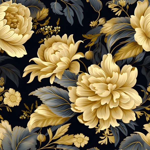 golden flowers, black background, cream petals, charcoal leaves, damask pattern, floral design,, fabric panel, luxurious blooms, ornate florals, sophisticated palette, botanical motif, elegant flowers, decorative leaves, vintage style, rich colors, layered petals, flowing design, cotton fabric, quilting material