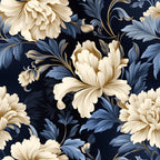 navy blue, cream flowers, damask pattern, floral design, ornate blooms, blue foliage, elegant motif, decorative leaves, baroque style, luxurious pattern,, fabric panel, sophisticated design, vintage inspired, flowing vines, detailed petals, rich contrast, ornamental flora, seamless repeat, textile art