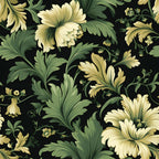 green, cream, yellow, black background, damask pattern, floral motif, ornate leaves, baroque style, elegant design, swirling vines, decorative flowers,, fabric panel, luxurious feel, sophisticated pattern, botanical elements, intricate details, flowing curves, vintage inspired, rich colors