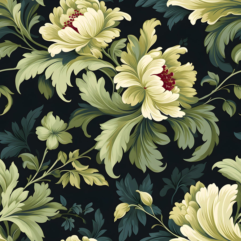 deep green, cream flowers, burgundy stamens, damask pattern, floral motif, ornate leaves, flowing vines, elegant blooms,, fabric panel, botanical design, vintage style, sophisticated pattern, decorative florals, rich colors, swirling foliage, luxurious feel, repeating pattern