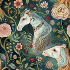 fabric panel, horses, floral pattern, roses, daisies, botanical design, decorative swirls, teal background, pink flowers, cream colored horses, flowing manes, ornate details, vintage style, whimsical art, nature motif, coral pink, sage green, golden accents, folk art style
