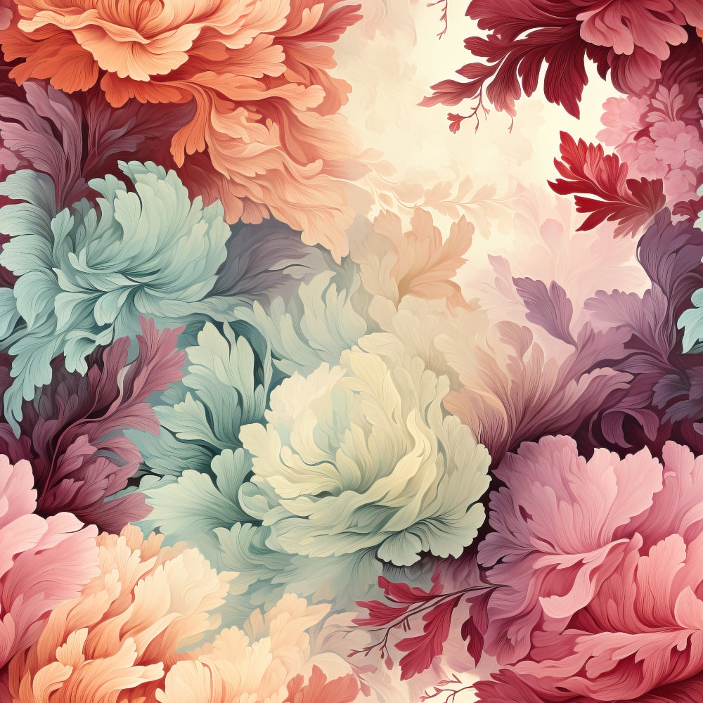 floral pattern, vintage flowers, sage green, coral pink, burgundy, cream, peach, ornate blooms, decorative swirls, botanical design,, fabric panel, romantic style, soft pastels, layered petals, flowing design, feminine aesthetic, cottage core, watercolor effect